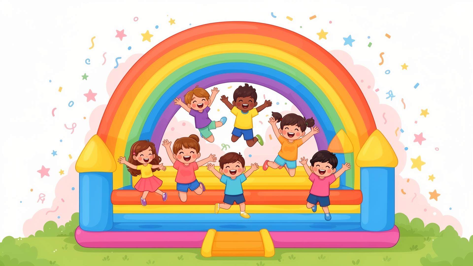 Kinder springen auf einer Regenbogen-Hüpfburg neben einem Popcorn-Wagen